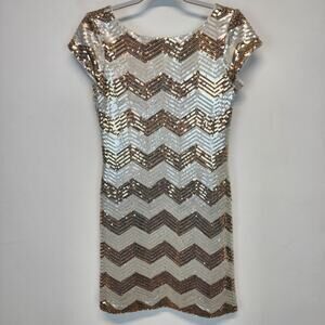 WHBM Sequin Dress Size XS Gold Cream Mini Short Sleeve Chevron Evening Party